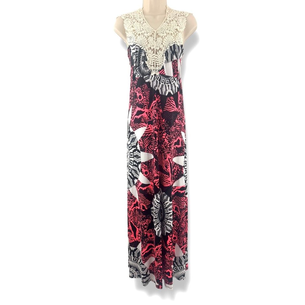 Abstract Print Pink‎ Black Crocheted Neckline Maxi Dress Size 3X 22 24 Plus Size